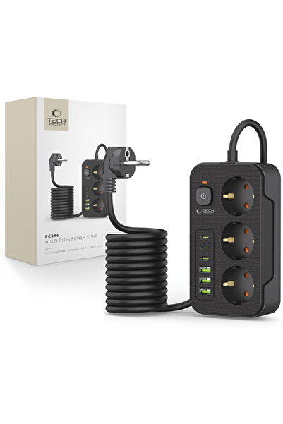 Tech-Protect PRIZA DE ALIMENTARE PC3X6 3 USB & 3 TYPE-C & 3 PRIZE 200CM NEGRU