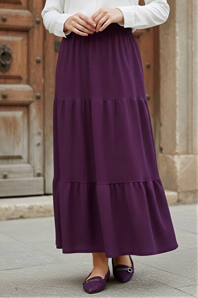 İmajButik Purple Skirt with Layered Elastic Waist and Draped Design