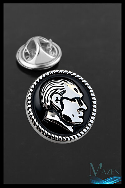 MAZEN Atatürk Profil Kabartma Yaka Rozeti | Siyah Zemin | Metal Atatürk Büst