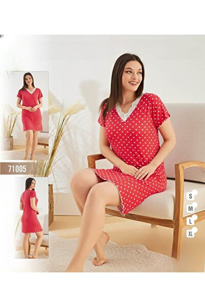 turkish Women's short-sleeved polka dot nightgown with lace V-neck – red