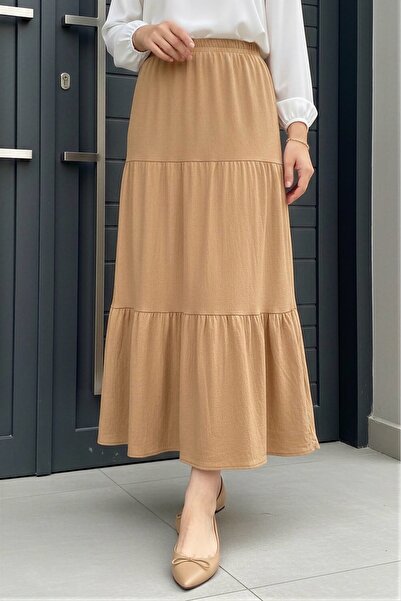 İmajButik Biscuit Skirt Layered Elastic Waist Wrap Skirt