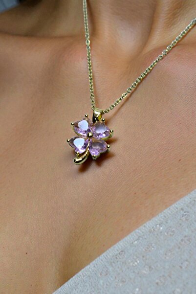 takimaster Women's Gold Plated Pink Zircon Stone Four-Leaf Clover Necklace