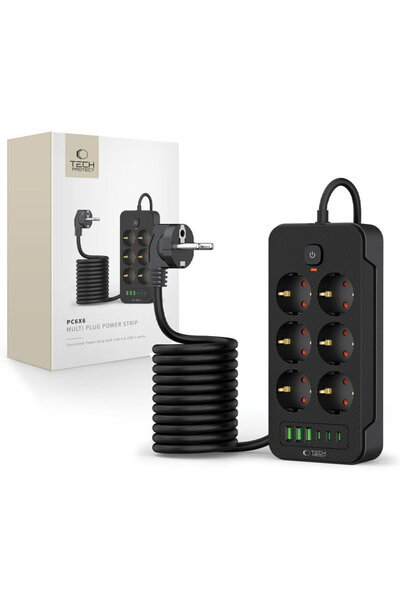 Tech-Protect Prelungitor PC6X6 cu 3 USB și 3 prize Type-C și 6 prize, 200 cm,...