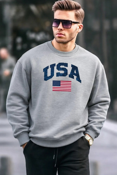 COMBİNE MİCHAİL Ανδρικό φούτερ με στάμπα USA σε γκρι χρώμα