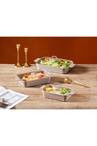 Dove طقم أطباق خبز مستطيلة من البورسلين مكون من 3 قطع مع غطاء زجاجي