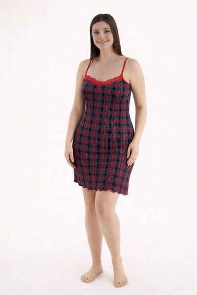 turkish Women's nightgown with thin straps and a checkered pattern with a lac...