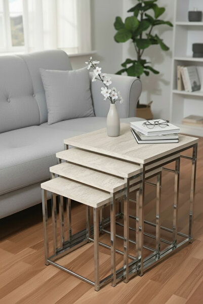 albemo Moon Gümüş - Traverten Desen Kare 4 lü Zigon Sehpa