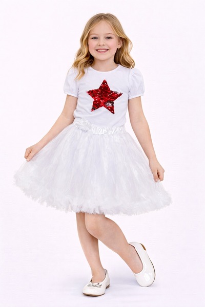 Nacar 23 Nisan 29 Ekim Gösteri Kıyafeti Kız Çocuk Kırmızı Payet Yıldızlı Tişö...