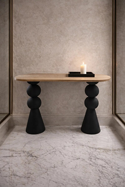 MARIA HOMES Modern Art Deco Console Table Wood Top Black Sculptural Legs for ...