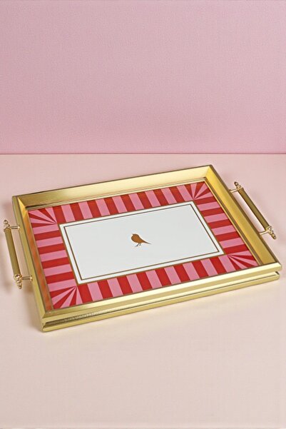 ALBETTO Luxury Presentation Tray with Gold Frame and Pink Bird Motif - 44X30 cm