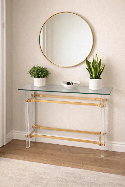 MARIA HOMES Premium Gold and Acrylic Console Table Modern Glass Top Entryway ...