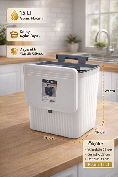 Gondol Mutfak Tezgah Üstü Dolap Askılı Kapaklı 15 Lt Çöp Kovası