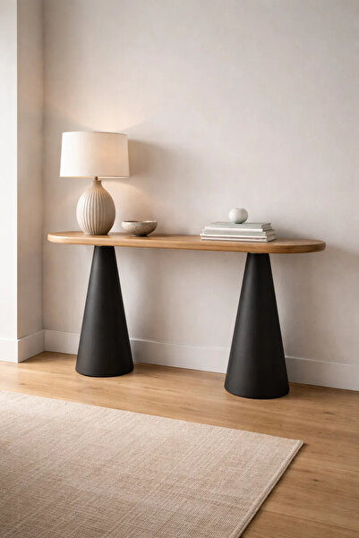 MARIA HOMES Contemporary Oval Console Table Black and Brown Wood Entryway Fur...