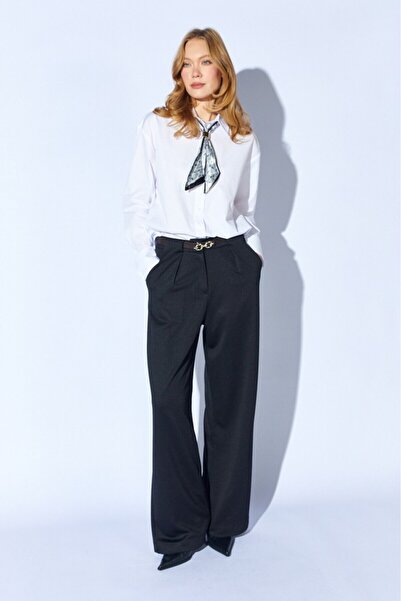 CGA Women's Black Palazzo Pants Black Inner Belted Pleated Wool Effect Palazz...