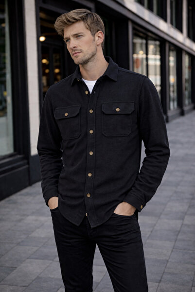 Le Marin Erkek Siyah Oduncu Gömlek Cepli Kalın Kumaş