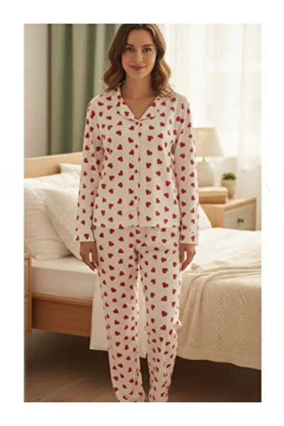 Pijamask Women's Buttoned-Up Heart-Patterned 2-Piece Pajama Set