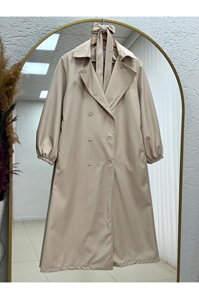 MİHRA STORE Doredra Long Trench Coat with Elasticated Sleeves and Buttons-Ek1...