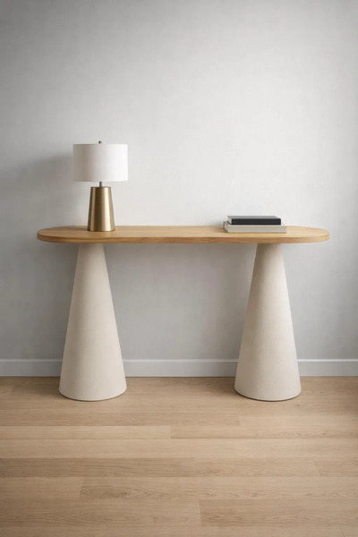 MARIA HOMES Elegant Oval Wood Console Table with Beige Conical Legs for Moder...