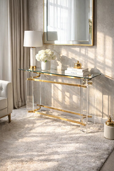 MARIA HOMES Luxury Acrylic Console Table with Gold Accents and Glass Top 120c...