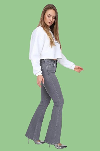 Livik Annetta Spanish Paça Solmaz Gri Pantaloni din denim elastici cu talie î...