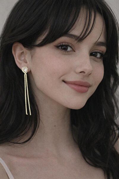 NO NAME gold ince taşlı kalp uzun abiye kadın küpe