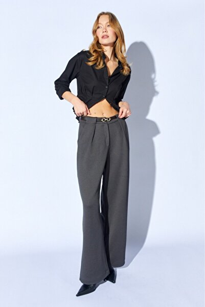 CGA Women's Anthracite Palazzo Trousers with Internal Belt and Pleated Wool E...