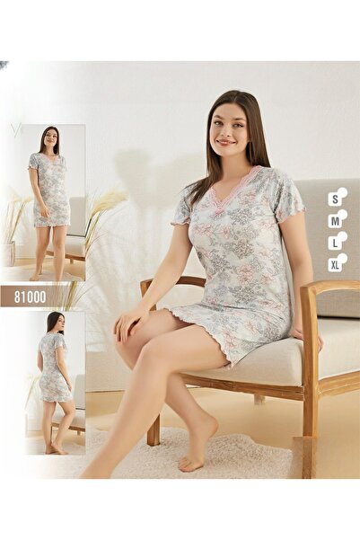 turkish Women's short-sleeved floral print nightgown with V-neck lace trim – ...