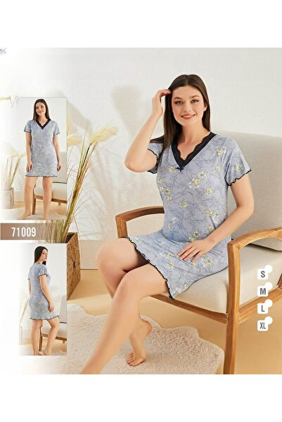 turkish Women's short-sleeved floral print nightgown with V-neck lace trim – ...