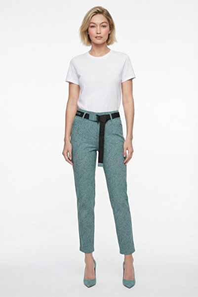 EXİTLİNE Women's Petrol Summer Patterned Belted Trousers with Accessories