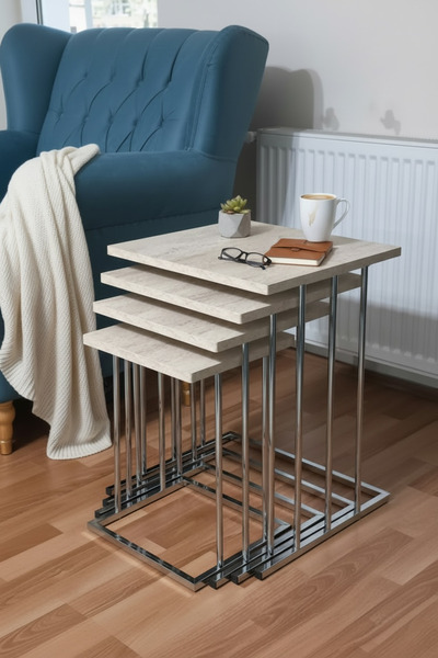 albemo Roma Gümüş - Traverten Desen Kare 4 lü Zigon Sehpa