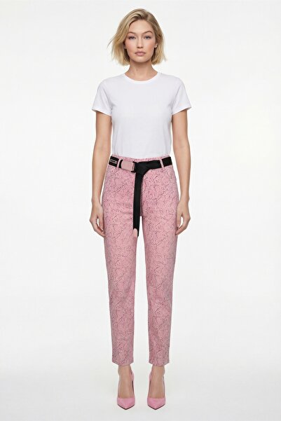 EXİTLİNE بنطلون نسائي صيفي وردي منقوش مع حزام وإكسسوارات