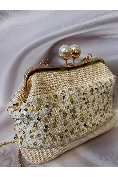 Creatif La Femme Krem rengi pullu kağıt ipten inci burslu çanta