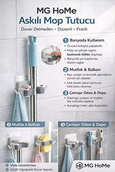 VENON 3 Adet ❤️ Mop Tutucu Çok Amaçlı Paspas ,Süpürge, Fırça Ve Mob Askısı Sa...