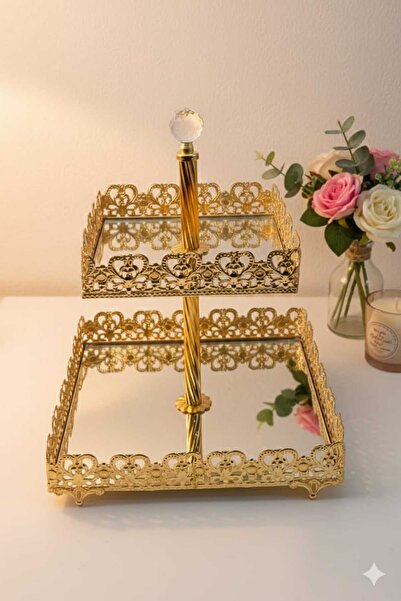 AKMETAL İKİ KATLI KALPLİ AYNALI BAYRAM ŞEKERLİK ÇİLOLATALIK GOLD