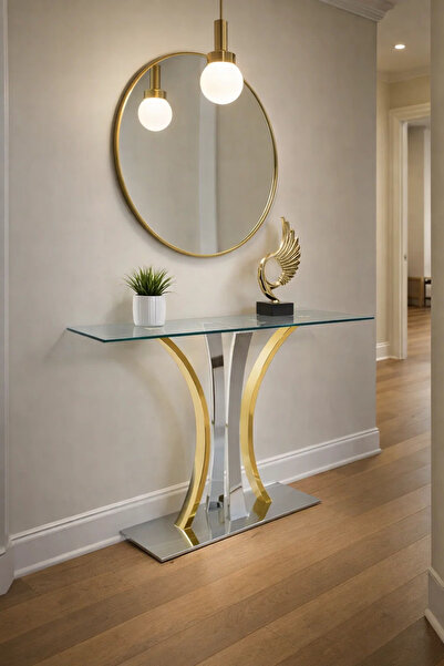 MARIA HOMES Luxury Modern Glass Console Table Gold Silver Metal Legs Hallway ...