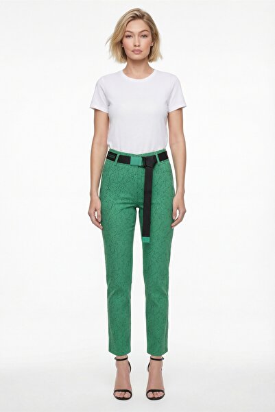 EXİTLİNE Women's Green Summer Patterned Belted Trousers with Accessories