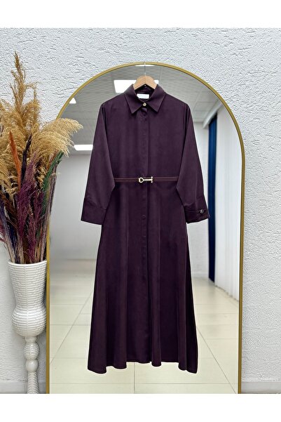 MİHRA STORE Balım Sleeve-End Buttoned Scarf Belted Dress-Şa1121 Plum