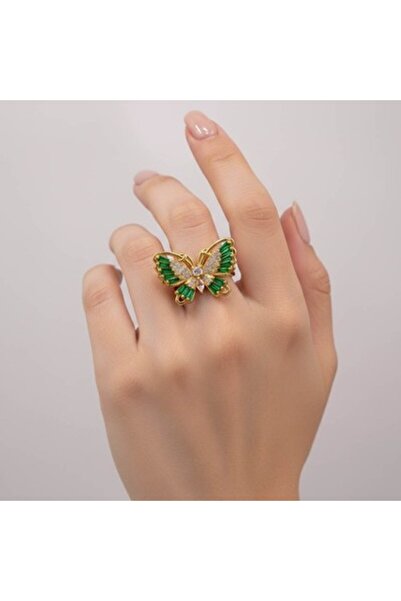 unbranded خاتم أنيق على شكل فراشة مع لمسة خضراء - مجوهرات وإكسسوارات ذهبية اللون