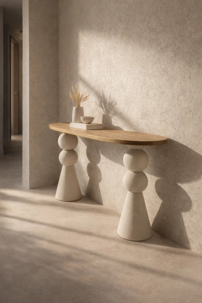 MARIA HOMES Sculptural Beige and Wood Console Table Modern Entryway Furniture...