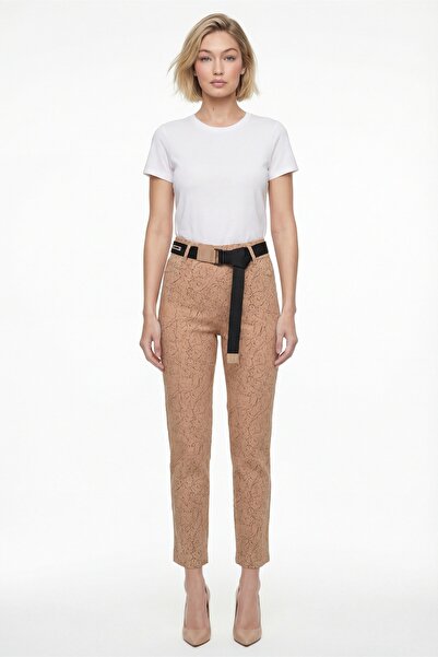 EXİTLİNE Women's Beige Summer Patterned Belted Trousers with Accessories