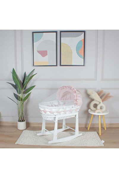 My Baby سرير سلة موسى خيزران ابيض بتلبيسة ضفيرة وردي مع حامل هزاز امامي ابيض