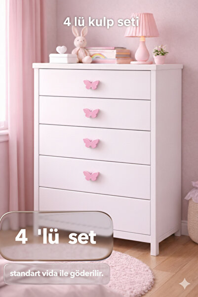 Rekatech Pembe Kelebek Dolap Kulpu ( 4 lü set )– Çocuk Odası Şifonyer ve Çekm...