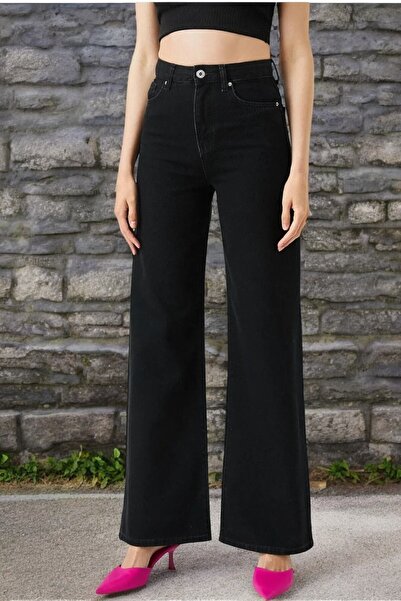 Livik Леки дамски черни дънки с висока талия и широки крачоли