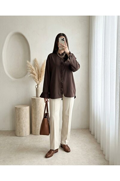 Modamorfo Shirt with Long Back Sleeves and Ruffles on the Front -K. Coffee