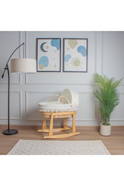 My Baby A straw Moses basket bed with a cream-colored cotton fabric cover, em...