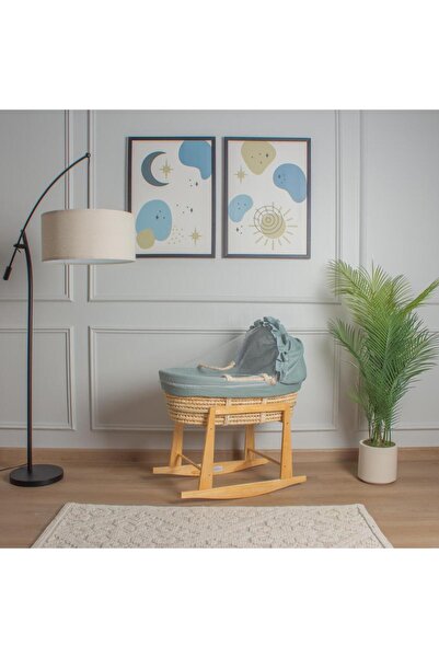 My Baby A straw Moses basket bed with a linen fabric cover, olive green, with...