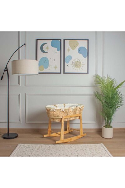 My Baby A straw Moses basket bed with a cotton fabric cover and off-white ruf...