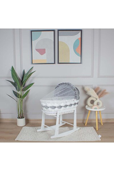 My Baby سرير سلة موسى خيزران ابيض بتلبيسة ضفيرة رمادي مع حامل هزاز امامي ابيض