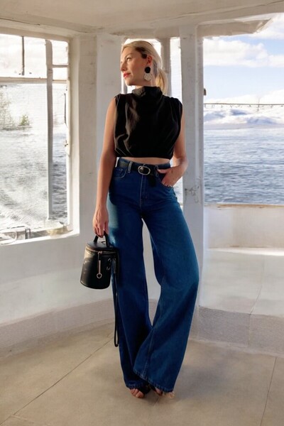 Livik Gally Women's Dark Blue Extra High Waist Flexible Loose Wide Leg Jeans