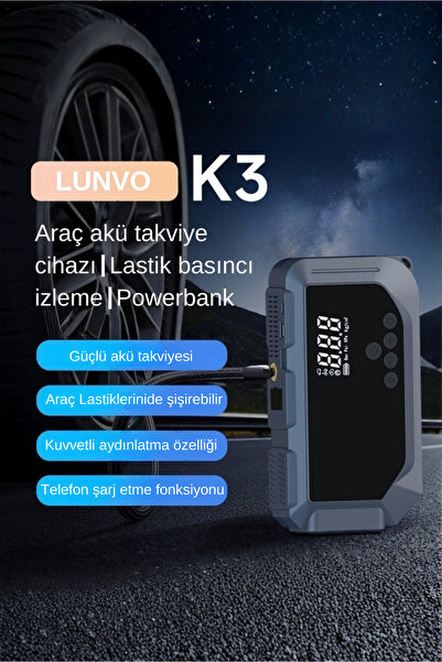 Lunvo Akü Takviyesi Akım Korumalı 12.000mAh Marş Powerbank Oto Lastik Hava ko...